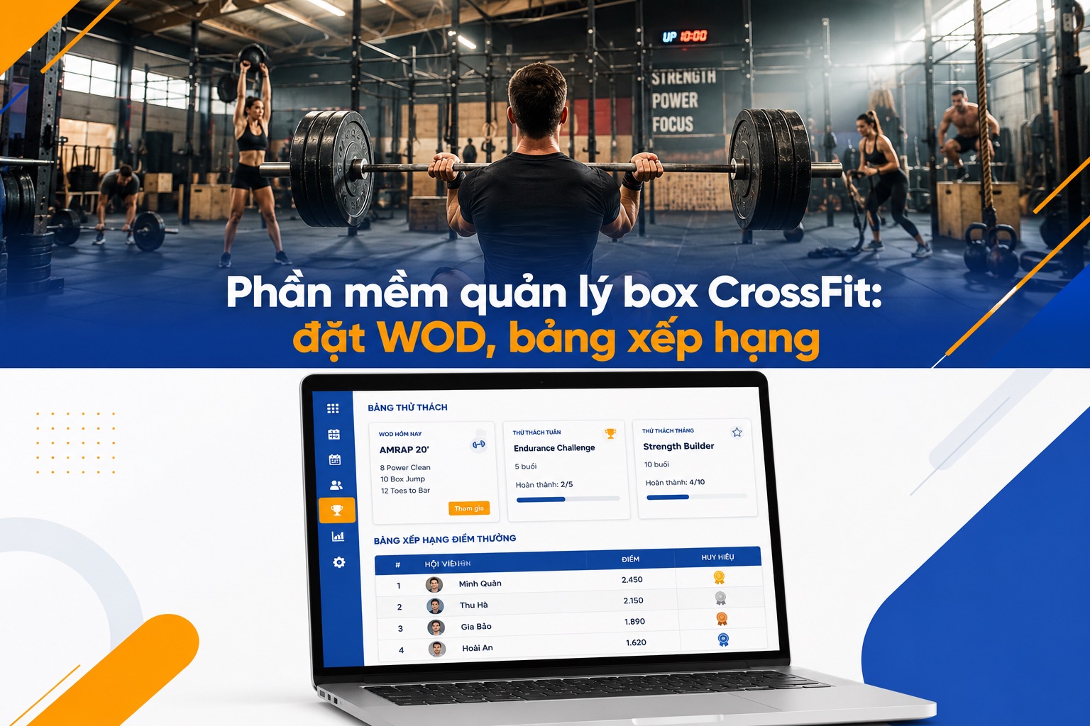 Mockup laptop hiển thị bảng thử thách và xếp hạng điểm thưởng hội viên box CrossFit