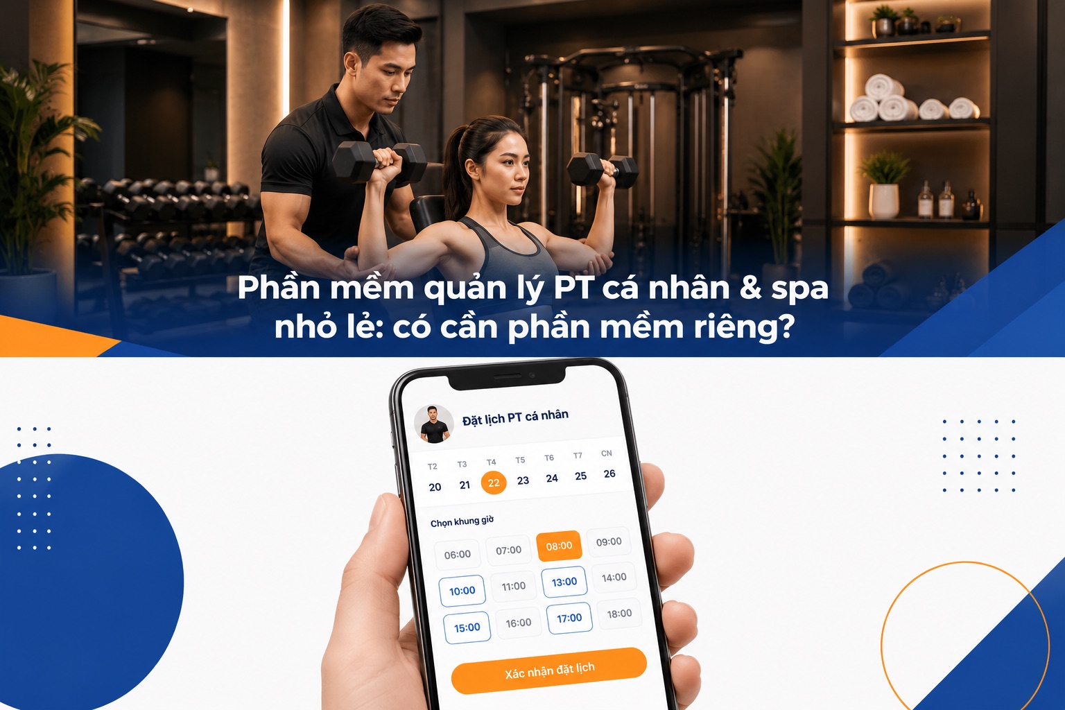 Mockup điện thoại hiển thị khách tự đặt lịch hẹn PT qua app, chọn khung giờ trống
